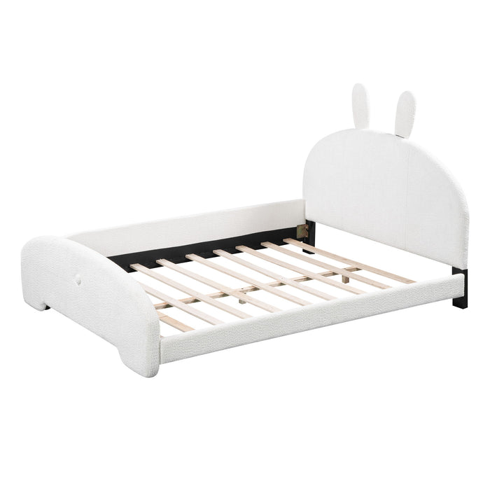 Full Size Upholstered Platform Bed With Cartoon Ears Shaped Headboard, White
