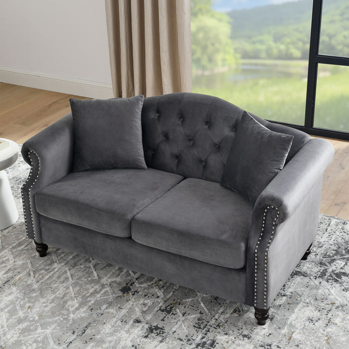57" Chesterfield Sofa Grey Velvet For Living Room, 2 Seater Sofa Tufted Couch With Rolled Arms And Nailhead - Grey