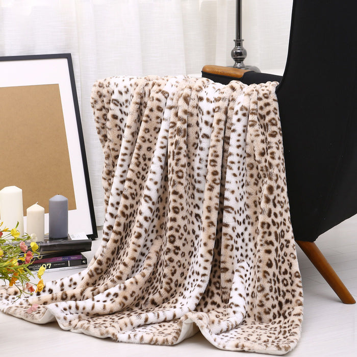Printed Faux Rabbit Fur Throw, Lightweight Plush Cozy Soft Blanket, 50" X 60", Sand Leopard