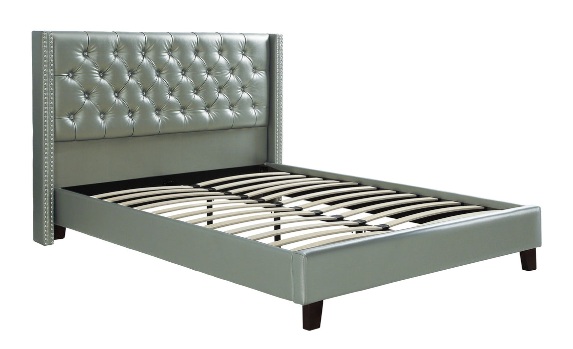 Full Size Bed 1 Piece Bed Set Silver Faux Leather Upholstered Tufted Bed Frame Headboard Bedroom Furniture