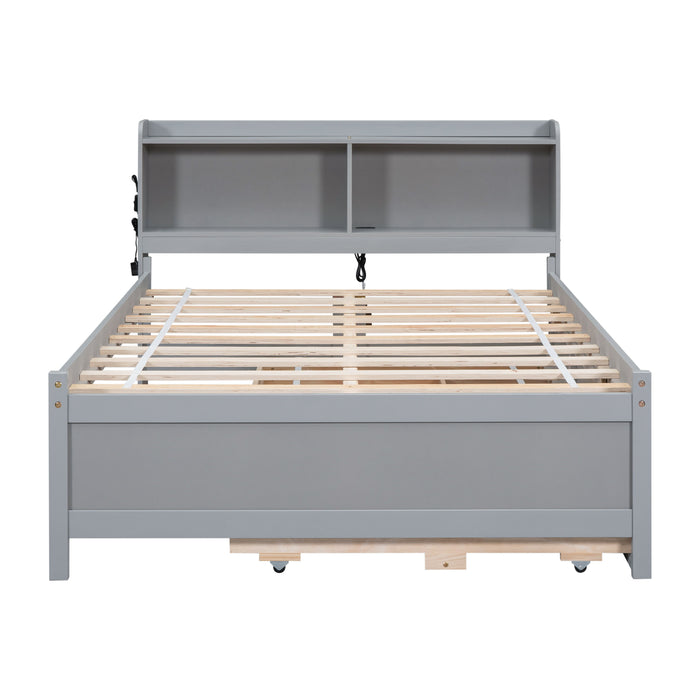 Full Size Bed With USB & Type-C Ports, LED Light, Bookcase Headboard, Trundle And 3 Storage Drawers, Full Size Size Bed With Bookcase Headboard, Trundle And Storage Drawers, Grey
