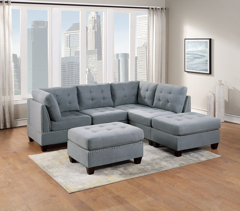 Modular Sectional 6 Piece Set Living Room Furniture L-Sectional Gray Linen Like Fabric Tufted Nail Heads 2 Corner Wedge 2 Armless Chairs And 2 Ottomans