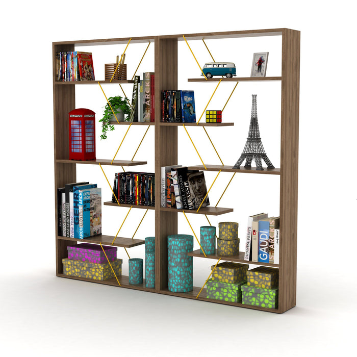 Furnish Home Store Wood Frame Etagere Open Back 6 Shelves Bookcase Industrial Bookshelf For Office And Living Rooms Modern Bookcases Large Bookshelf Organizer, Walnut/Yellow