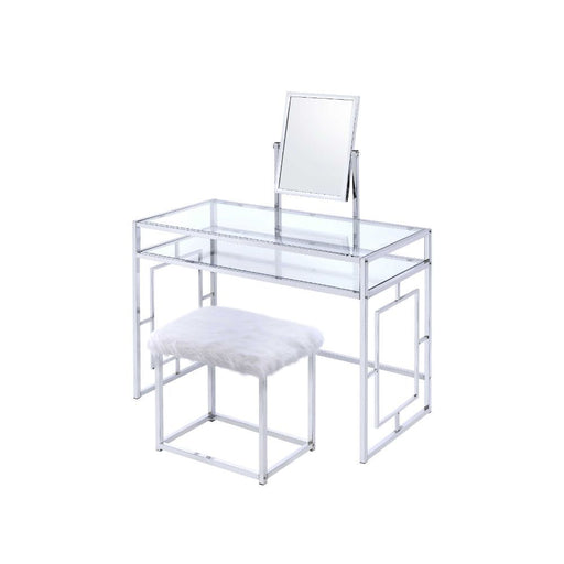 Carenze II - Vanity Desk - White Faux Fur & Chrome Unique Piece Furniture