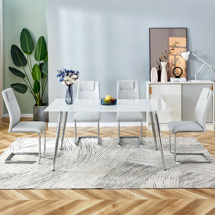 Table And Chair Set 1 Table And 4 Light Gray Chairs Rectangular Dining Table, 04"White Imitation Marble Tabletop, Silver Metal Table Legs Paired With 4 Light Gray Chairs