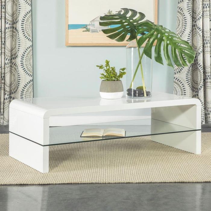 Airell - Rectangular Coffee Table With Glass Shelf - White High Gloss Unique Piece Furniture