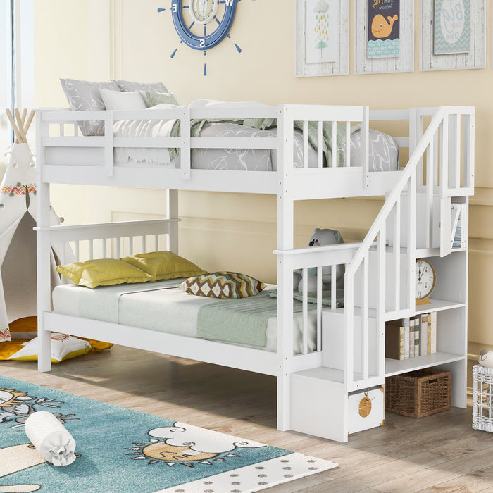 Stairway Twin Over Twin Bunk Bed With Storage And Guard Rail For Bedroom, Dorm, White Color