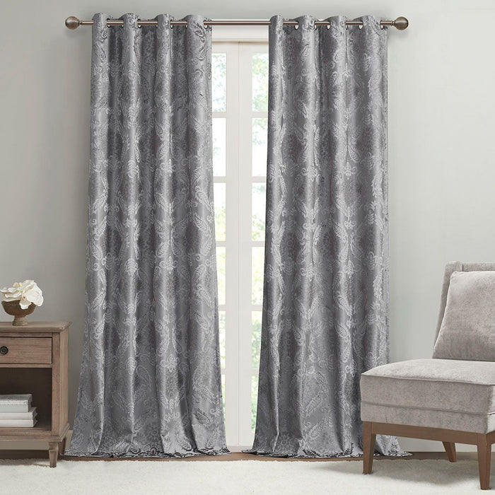Knitted Jacquard Paisley Total Blackout Grommet Top Curtain Panel, Grey