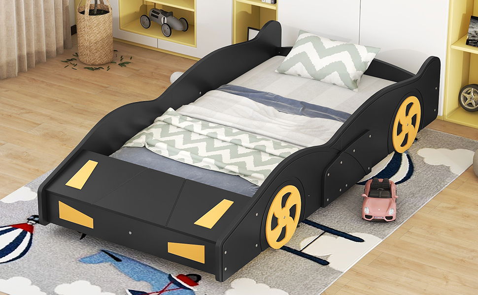 Twin Size Race Car-Shaped Platform Bed With Wheels And Storage, Black / Yellow