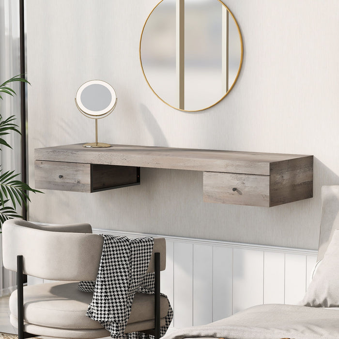 Go - Wall - Mounted Vanity Desk, Floating Vanity Shelf With Drawers, Dressing Table With Wooden Sticker, Computer Table Desk, Home Office Desk, Log Gray