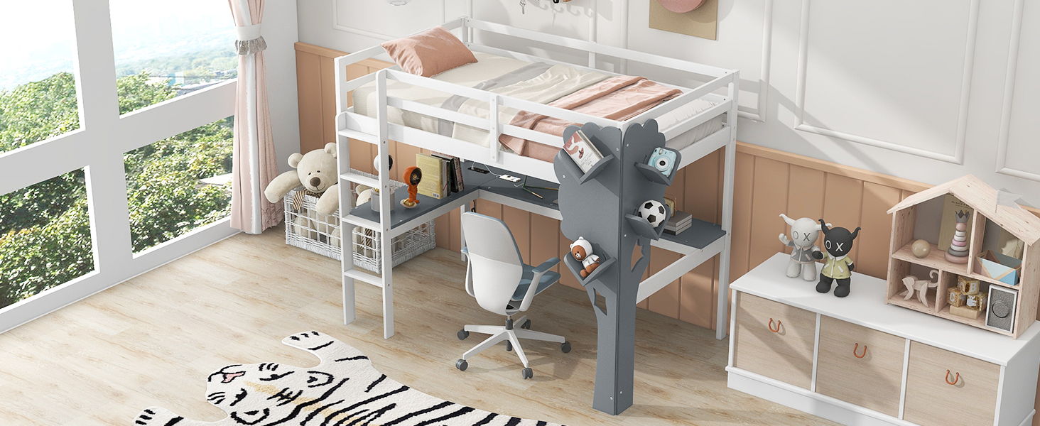 Twin Size Loft Bed With L-Shaped Desk, Tree Shape Bookcase And Charging Station, White / Gray