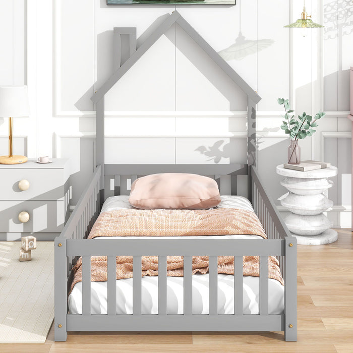 Twin House Shaped Headboard Floor Bed With Fence, Grey