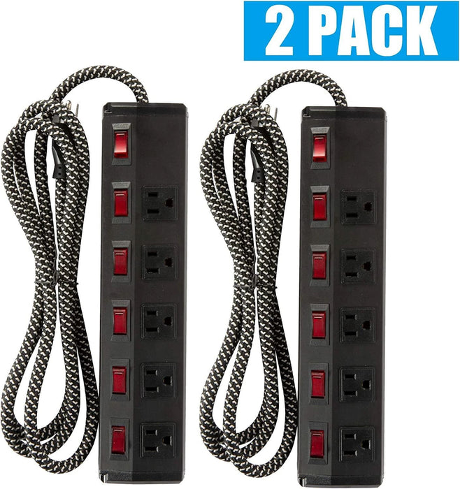2 Pack Long Power Strip Surge Protector 6 Metal Power Outlets 2 USB Ports 6 Ft Long Extension Cord