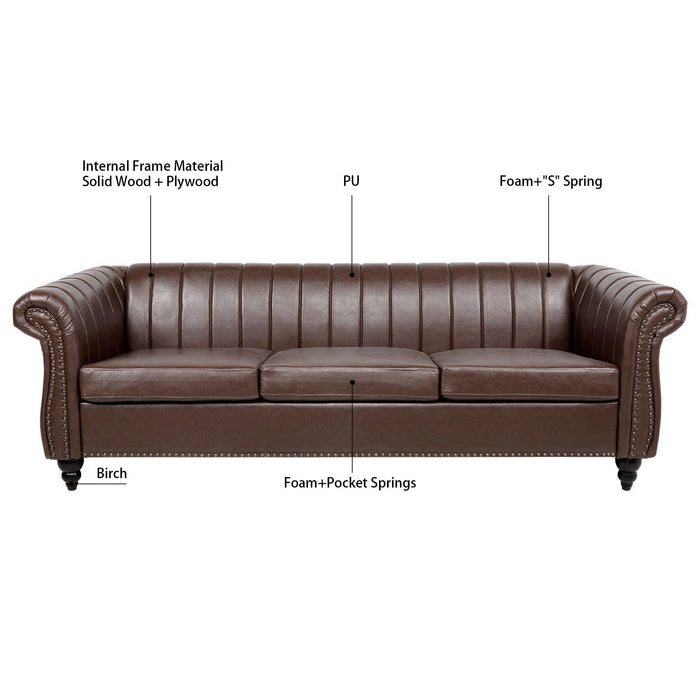 Rolled Arm Chesterfield, Three Seater Sofa - Dark Brown