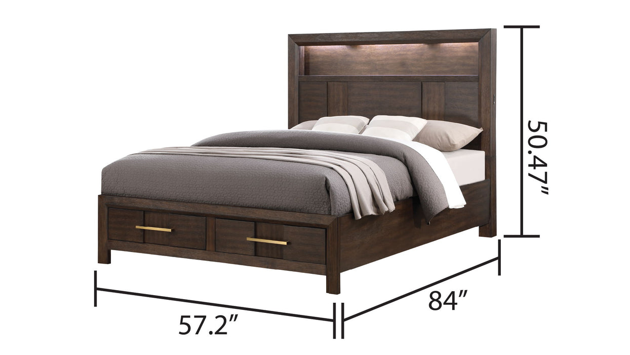 Kenzo Modern Style Full 4 Piece Storage Bedroom Set Made With Wood, LED Headboard, Bluetooth Speakers & USB Ports - Walnut