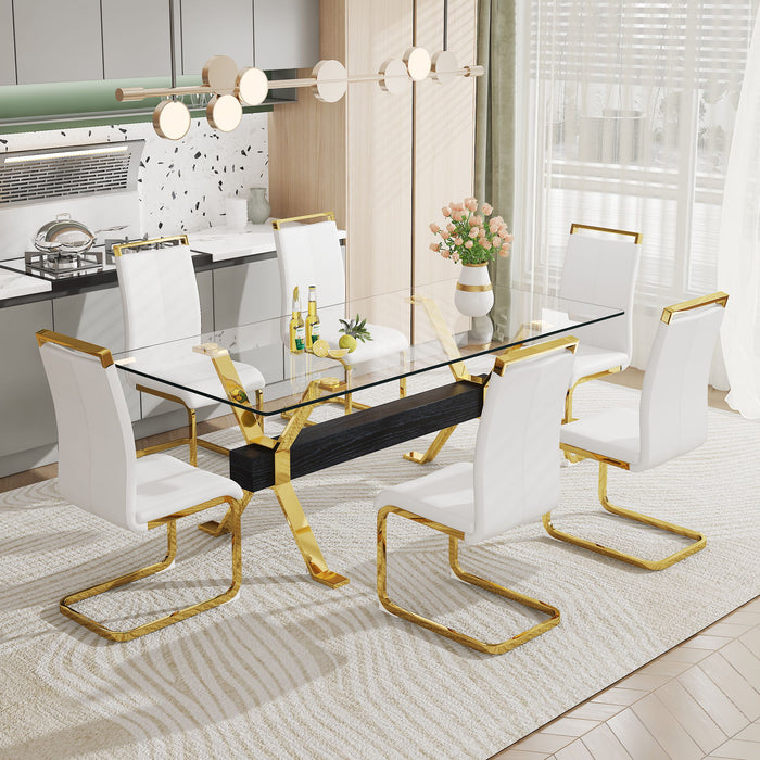 1 Table And 6 Chairs Modern, Simple And Luxurious Tempered Glass Rectangular Dining Table And Desk With 6 White PU Gold
