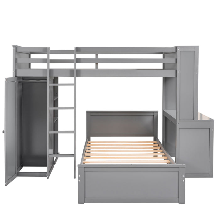 Twin Size Loft Bed With A Stand - Alone Bed, Shelves, Desk, And Wardrobe - Gray