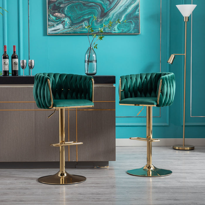 (Set of 2) Bar Stools, With Chrome Footrest And Base Swivel Height Adjustable Mechanical Lifting Velvet And Golden Leg Simple Bar Stool - Emerald Green
