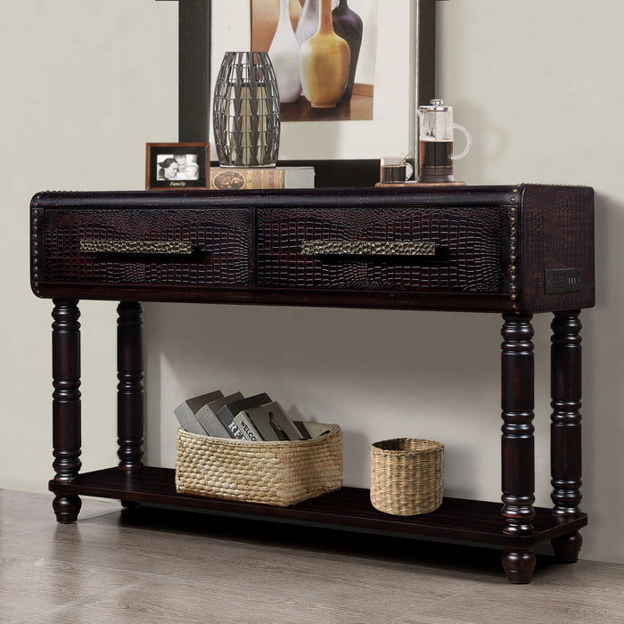 Imitation Crocodile Skin Apperance Sofa Table, 54 Inch Pine Wood Console Table With 2 Power Outlets And 2 Usb Ports For Entryway/Hallway/ Living Room With Solid Wood Legs Distressed Black