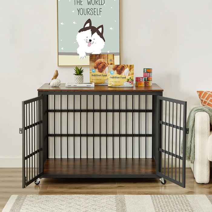 Furniture Style Dog Crate Wrought Iron Frame Door With Side Openings, Rustic Brown