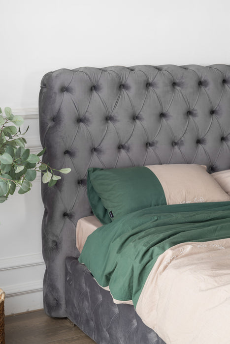 3585Queen Bed Beautiful Line Stripe Cushion Headboard, Portable Pneumatic Connection Rod And Gray Flannelette