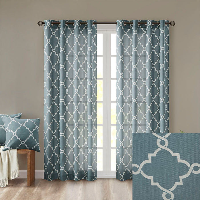 Fretwork Print Grommet Top Window Curtain Panel - White / Blue