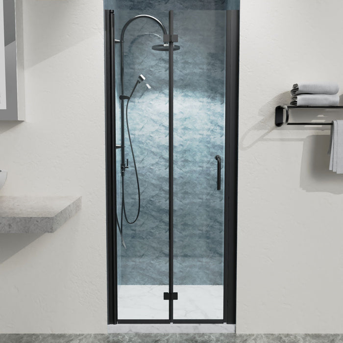 Bifold Semi - Frameless Shower Doors Black With Clear Glass