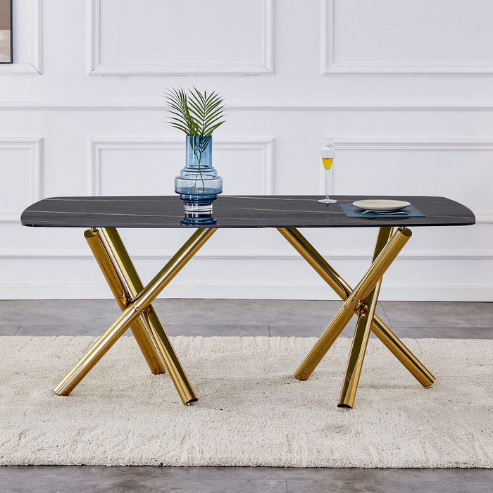 Large Modern Minimalist Rectangular Glass Dining Table Fibertempering Glass Imitation Marble Black Desktop And Golden Metal Legs, For Kitchen Dining Living Meeting Room Banquet Hal
