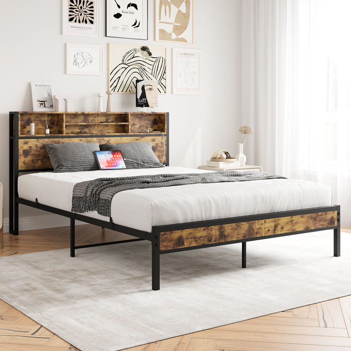 Queen Bed Frame With Storage Headboard, Metal Platform Bed With Charging Station, Bookcase Storage, No Box Spring Needed, Noise - Free, Black