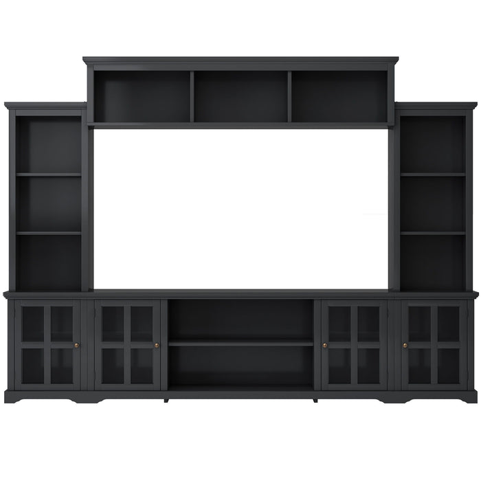 On-Trend Minimalism Style Entertainment Wall Unit With Bridge, Modern TV Console Table For Tvs Up To 70", Multifunctional TV Stand With Tempered Glass Door, Black