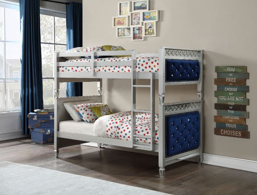 Varian - Twin Over Twin Bunk Bed - Blue Velvet & Silver Finish Unique Piece Furniture