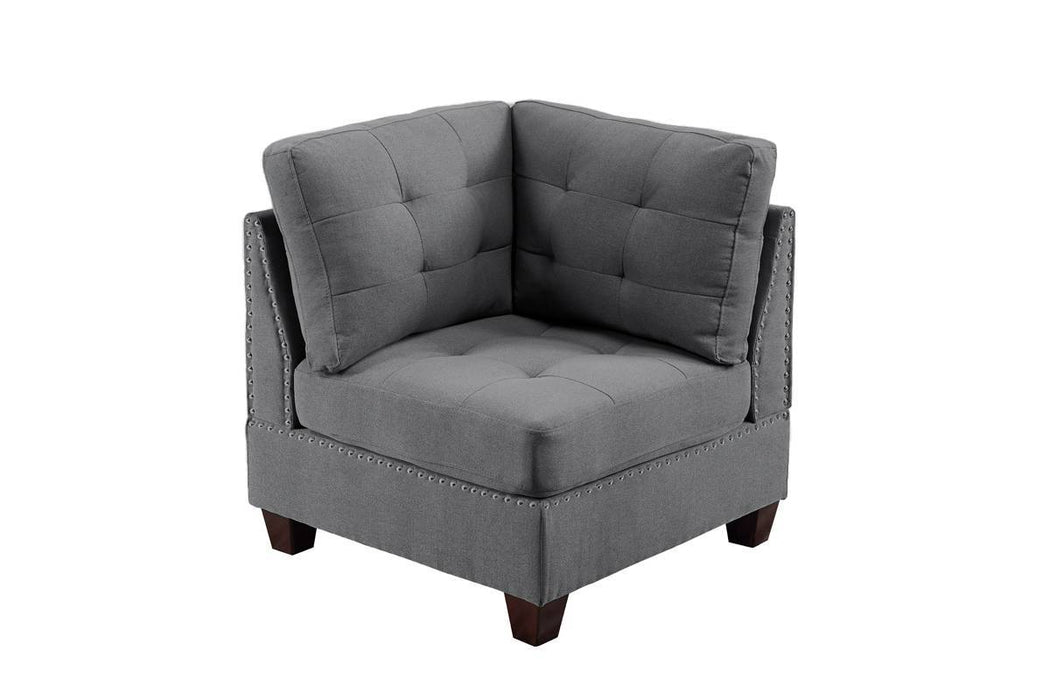 Living Room Furniture Tufted Corner Wedge Gray Linen Like Fabric 1 Piece Cushion Nail Heads Wedge Sofa Wooden Legs