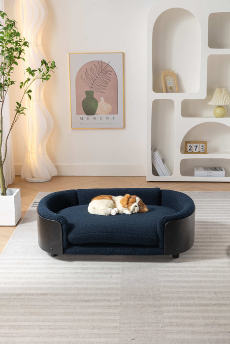 Scandinavian Style Elevated Dog Bed Pet Sofa With Solid Wood Legs And Black Bent Wood Back, Cashmere Cushion, Large Size - Dark Blue