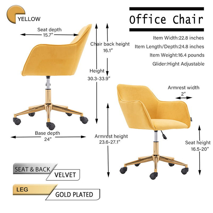 Modern Velvet Fabric Material Adjustable Height 360 Revolving Home Office Chair With Gold Metal Legs And Universal Wheels For Indoor, Yellow