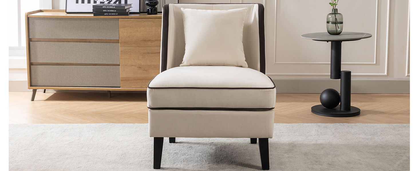 Velvet Upholstered Accent Chair With Cream Piping, Cream And Black