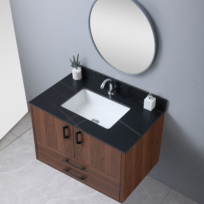 Montary 37" Bathroom Stone Vanity Top Black Gold Color With Undermount Ceramic Sink And Single Faucet Hole With Backsplash