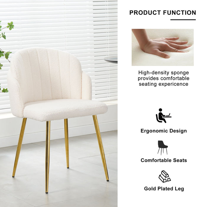 Modern Simple Teddy Fleece Dining Chair Fabric Upholstered Chairs Home Bedroom Stool Back Dressing Chair Gold Metal Legs (Set of 2)