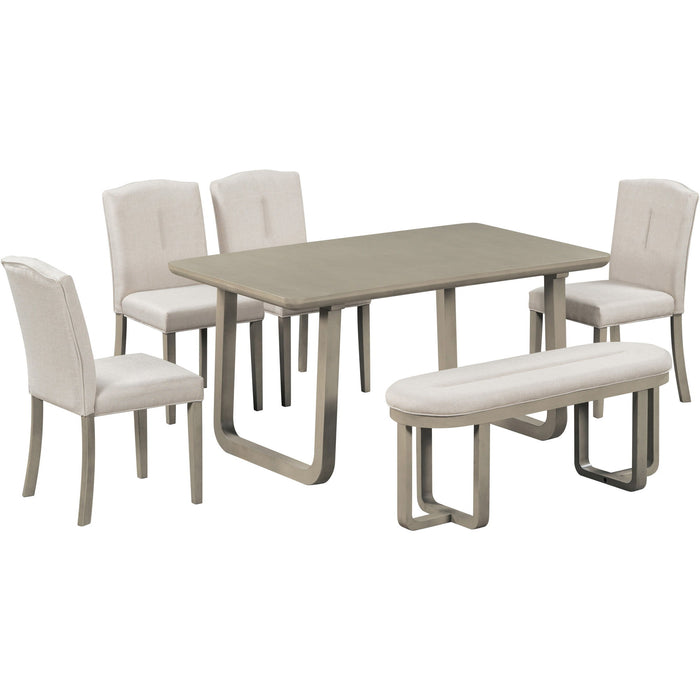 Trexm 6 Piece Retro-Style Dining Set Includes Dining Table, 4 Upholstered Chairs & Bench With Foam-Covered Seat Backs & Cushions For Dining Room (Light Khaki / Beige)