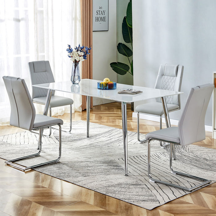 Table And Chair Set 1 Table And 4 Light Gray Chairs Rectangular Dining Table, 04"White Imitation Marble Tabletop, Silver Metal Table Legs Paired With 4 Light Gray Chairs