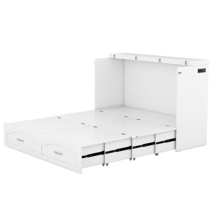 Queen Size Murphy Bed Wall Bed With Drawer And A Set Of Sockets & USB Ports, Pulley Structure Design, White