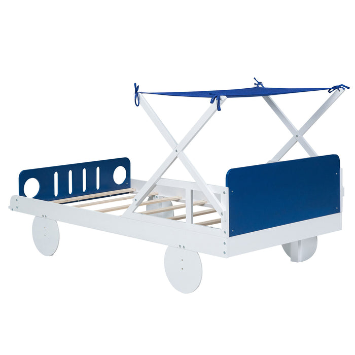 Wood Twin Size Car Bed With Ceiling Cloth, Headboard And Footboard, White + Blue