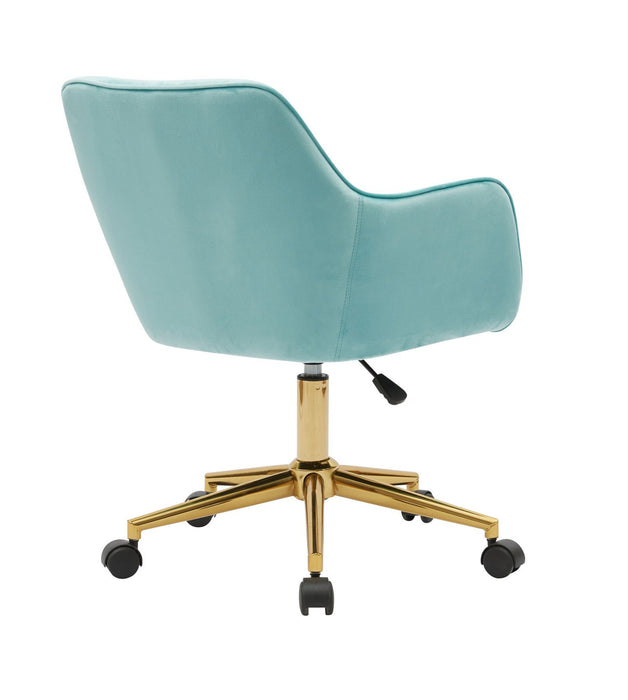 Modern Velvet Fabric Material Adjustable Height 360 Revolving Home Office Chair With Gold Metal Legs And Universal Wheels For Indoor, Aqua Light Blue