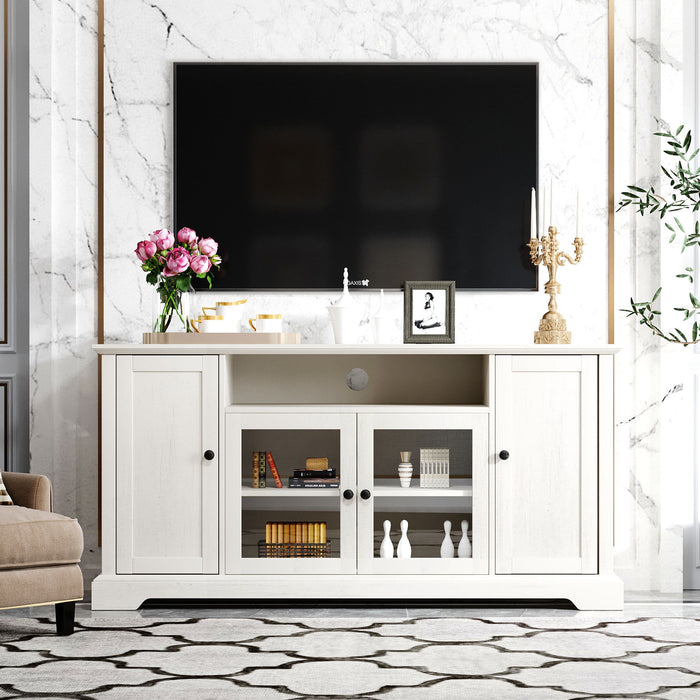 U Can TV Stand For TV Up To 65In With 2 Tempered Glass Doors Adjustable Panels Open Style Cabinet, Sideboard For Living Room, White