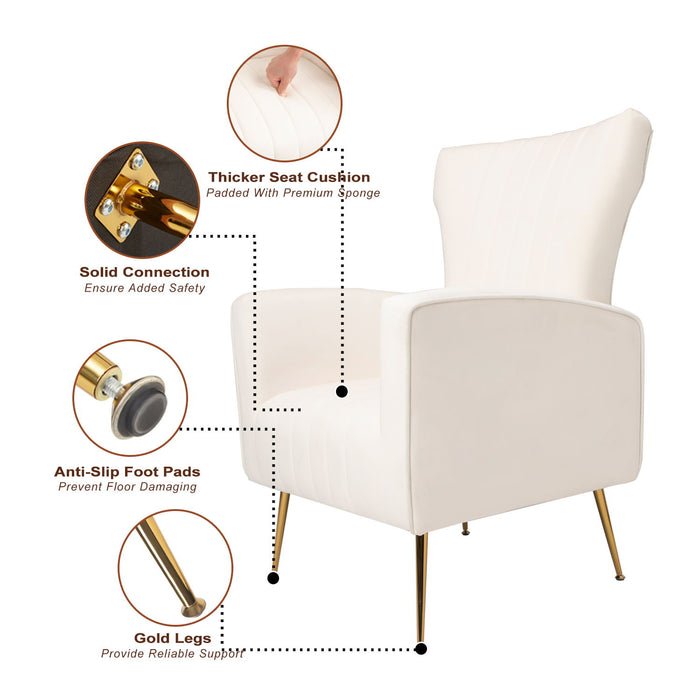 Velvet Accent Chair, Wingback Arm Chair With Gold Legs, Upholstered Single Sofa - White
