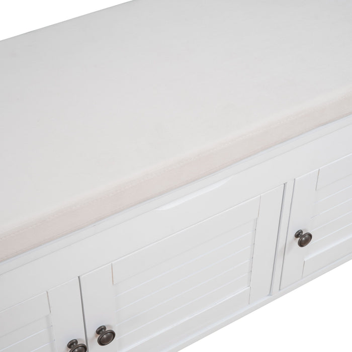 Trexm Storage Bench With 3 Shutter-Shaped Doors, Shoe Bench With Removable Cushion And Hidden Storage Space (White, Old Sku: Wf284226Aak)