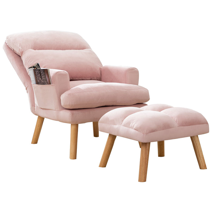 Contemporary Elegance Accent Chair With Footrest, For Relaxing, Arm Rest, Wood, Pink