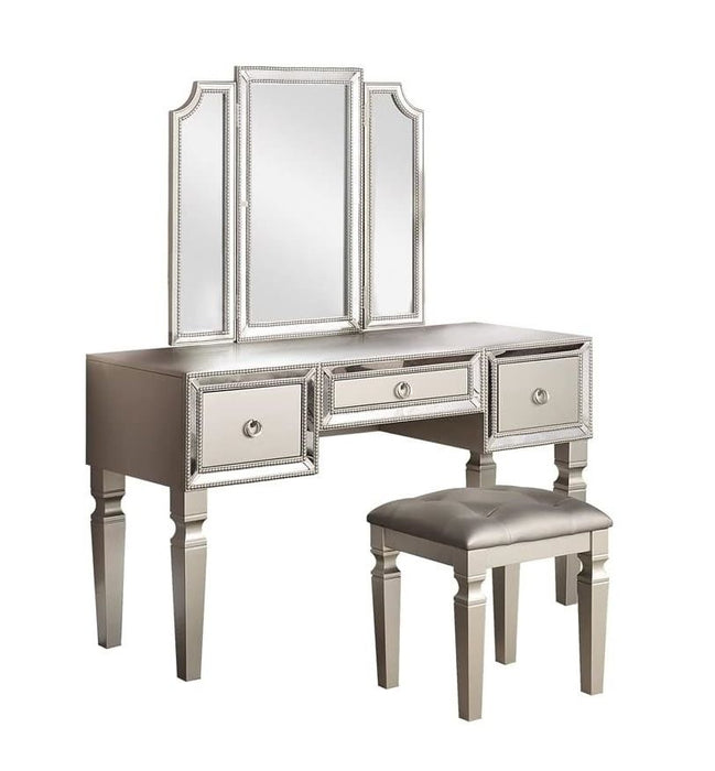 Luxurious Majestic Classic Silver Color Vanity Set Stool 3- Storage Drawers 1 Piece Bedroom Furniture Set Tri-Fold Mirror