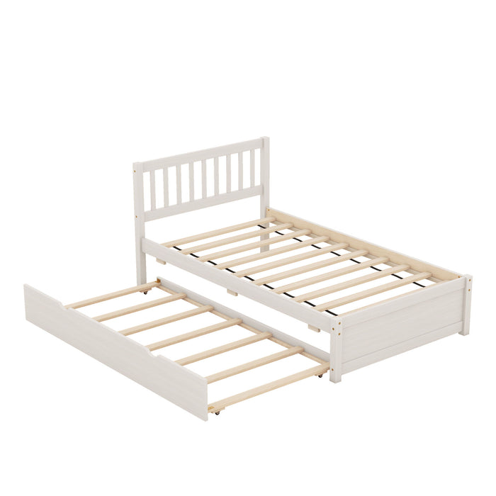 Wooden Twin Size Platform Bed Frame With Trundle Of White Color
