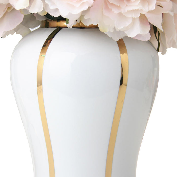 Linear Gilded Ginger Jar With Removable Lid - White