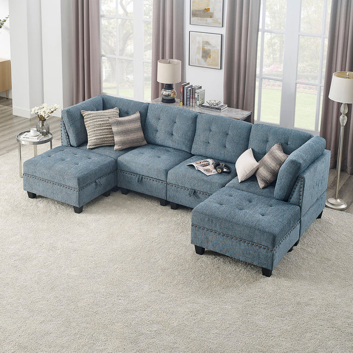 U-Shape Modular Sectional Sofa, Diy Combination, Includes Two Single Chair, Two Corner And Two Ottoman - Navy Chenille
